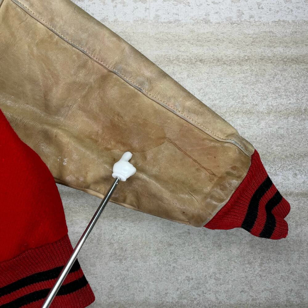 True Vintage 50s Ripon Varsity Jacket Mens XS Red Tan Leather Sleeves Wisconsin - Picture 5 of 5
